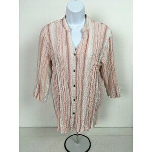 Dressbarn Womens Top Size 1X Pink White Green Striped Button Up Blouse V neck